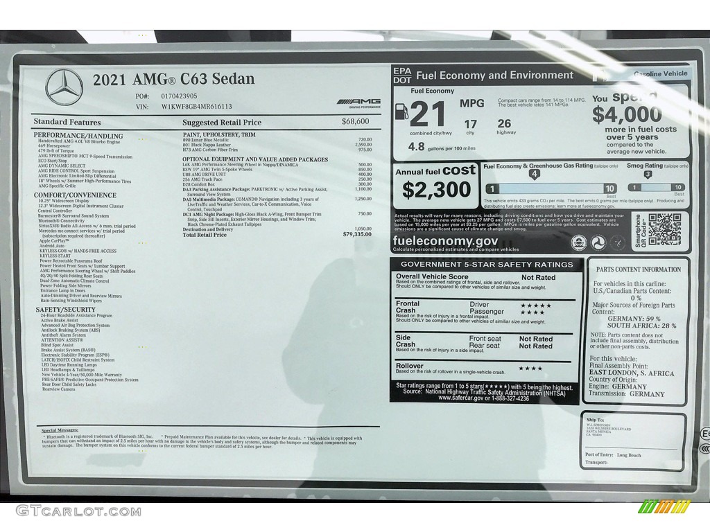 2021 Mercedes-Benz C AMG 63 Sedan Window Sticker Photos