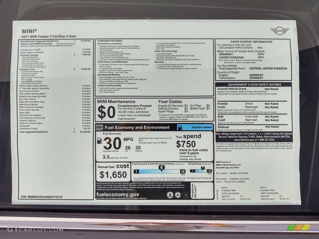 2021 Mini Hardtop Cooper S 4 Door Window Sticker Photo #141086451