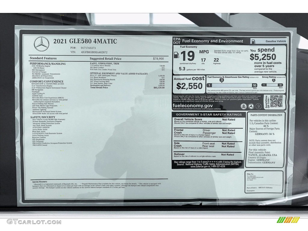 2021 Mercedes-Benz GLE 580 4Matic Window Sticker Photo #141092313