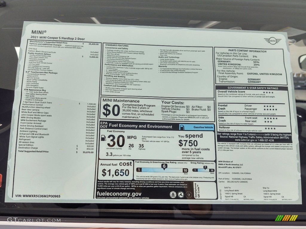2021 Mini Hardtop Cooper S 2 Door Window Sticker Photos