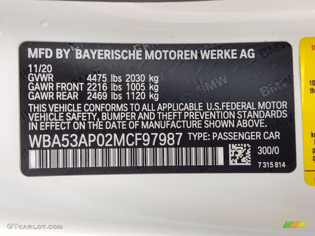 2021 4 Series Color Code 300 for Alpine White Photo #141113692