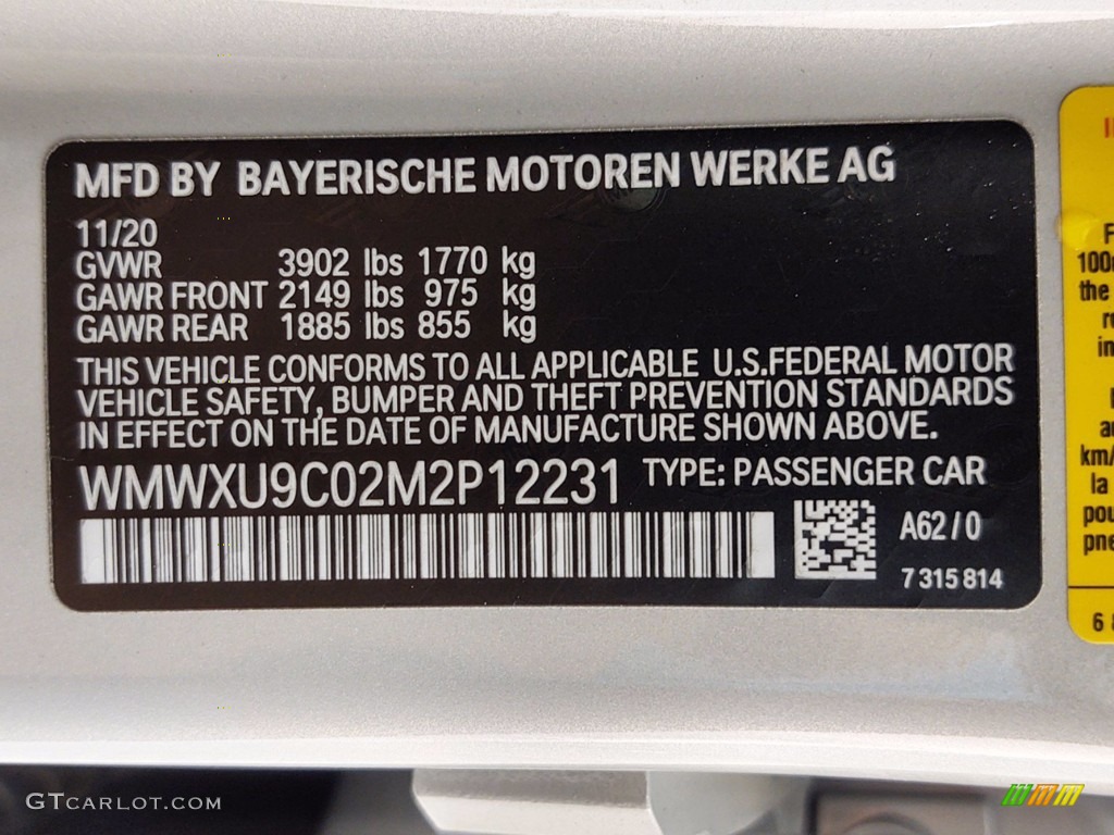 2021 Hardtop Color Code A62 for White Silver Metallic Photo #141115457