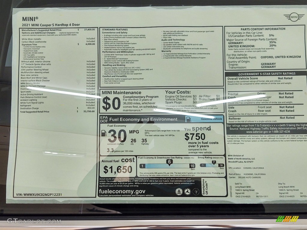 2021 Mini Hardtop Cooper S 4 Door Window Sticker Photo #141115468