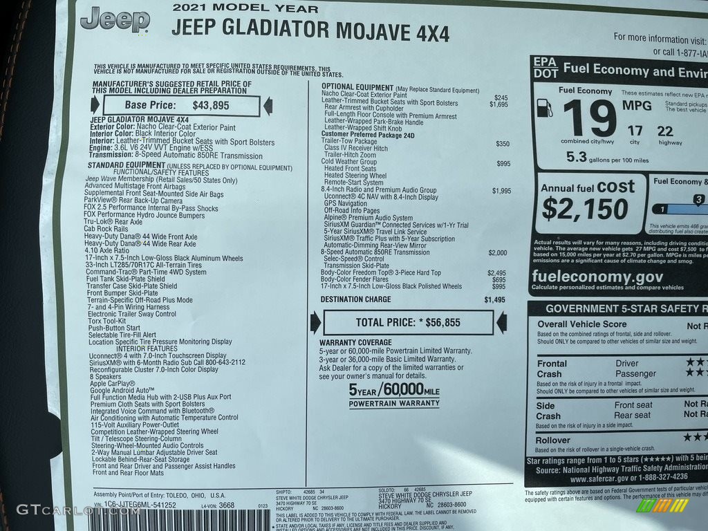 2021 Jeep Gladiator Mojave 4x4 Window Sticker Photo #141117538