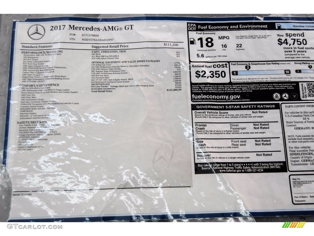 2017 Mercedes-Benz AMG GT Coupe Window Sticker Photo #141130731