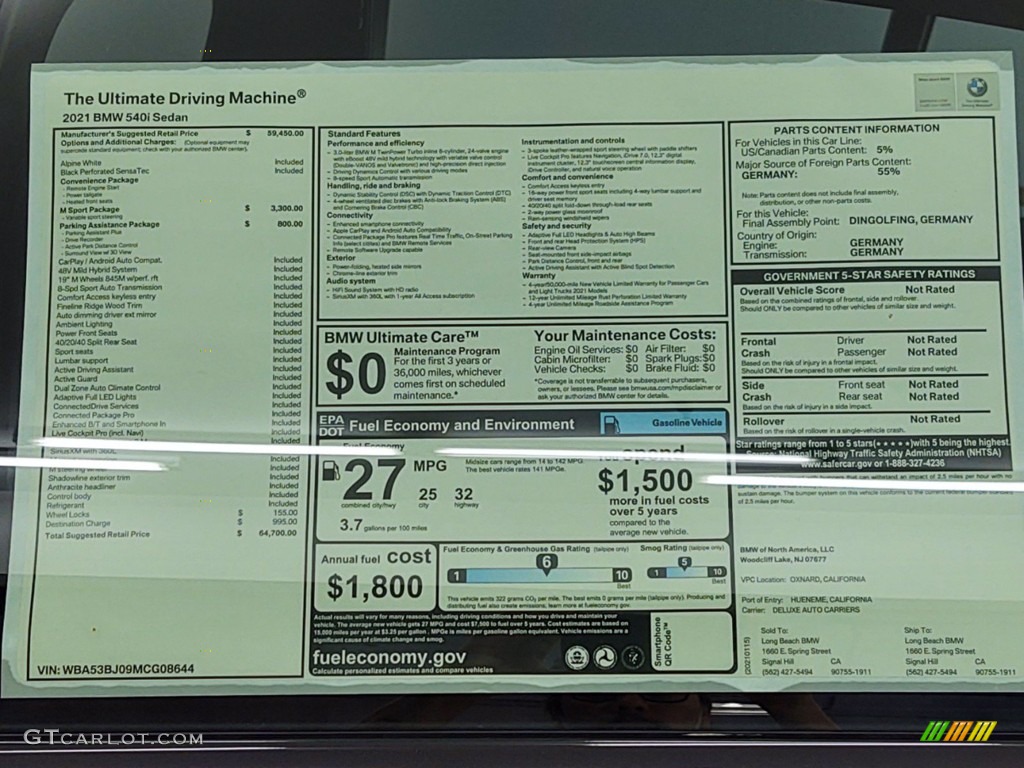 2021 5 Series 540i Sedan - Alpine White / Black photo #26