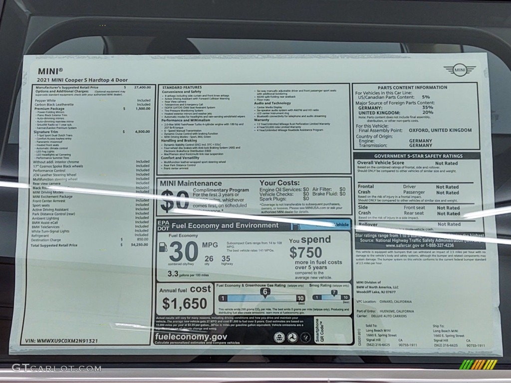 2021 Mini Hardtop Cooper S Window Sticker Photos