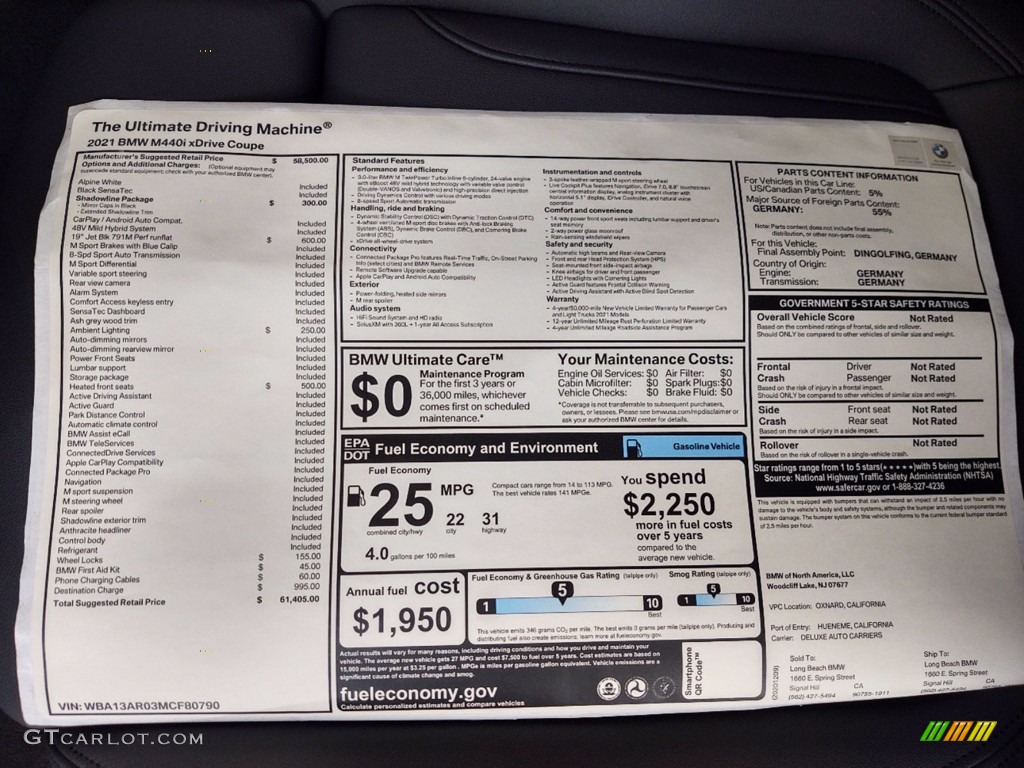 2021 BMW 4 Series M440i xDrive Coupe Window Sticker Photo #141145630