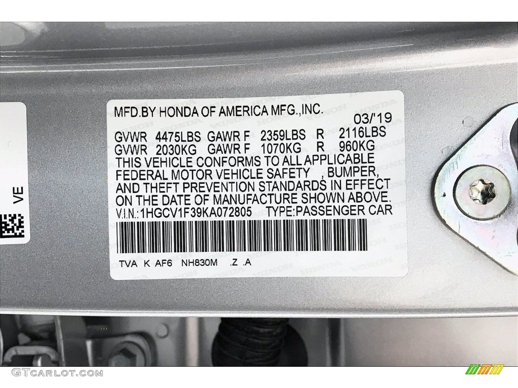 2019 Accord Color Code NH830M for Lunar Silver Metallic Photo #141152582