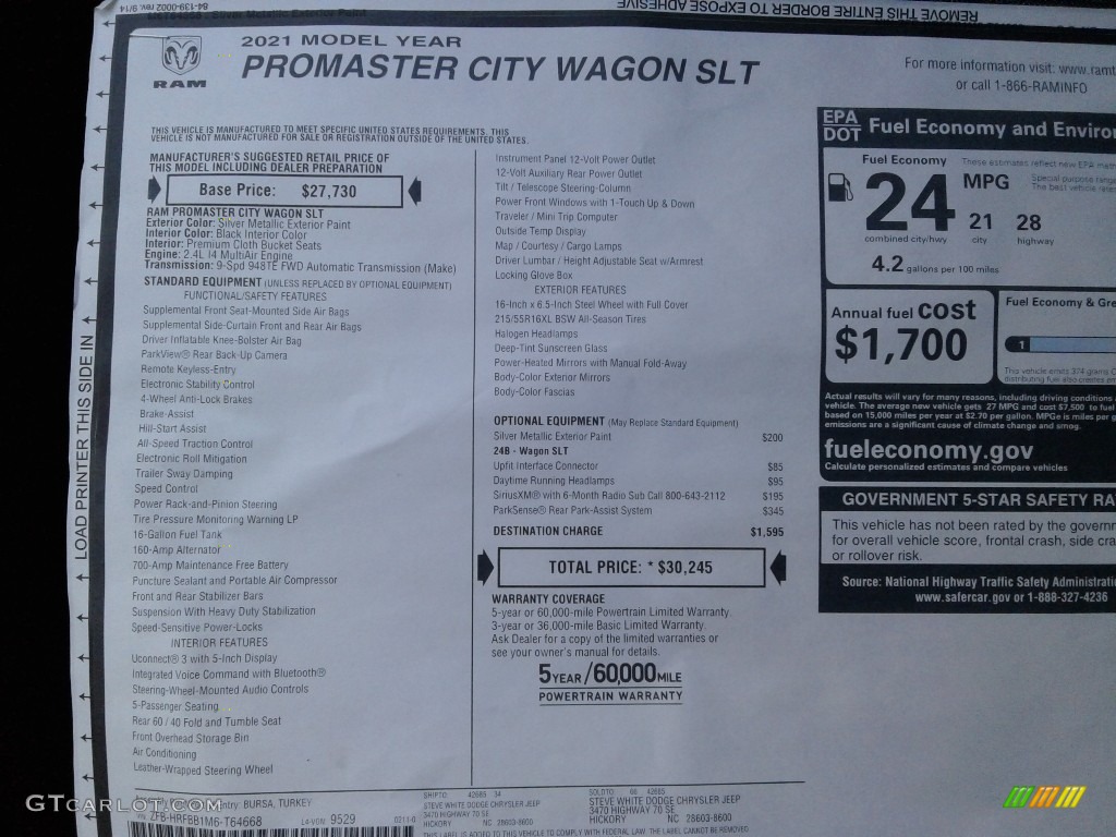 2021 Ram ProMaster City Wagon SLT Window Sticker Photo #141173492