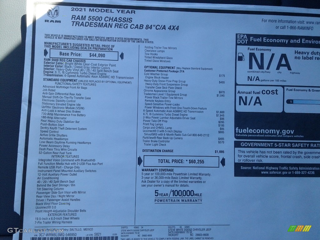 2021 Ram 5500 Tradesman Regular Cab 4x4 Chassis Window Sticker Photo #141211138