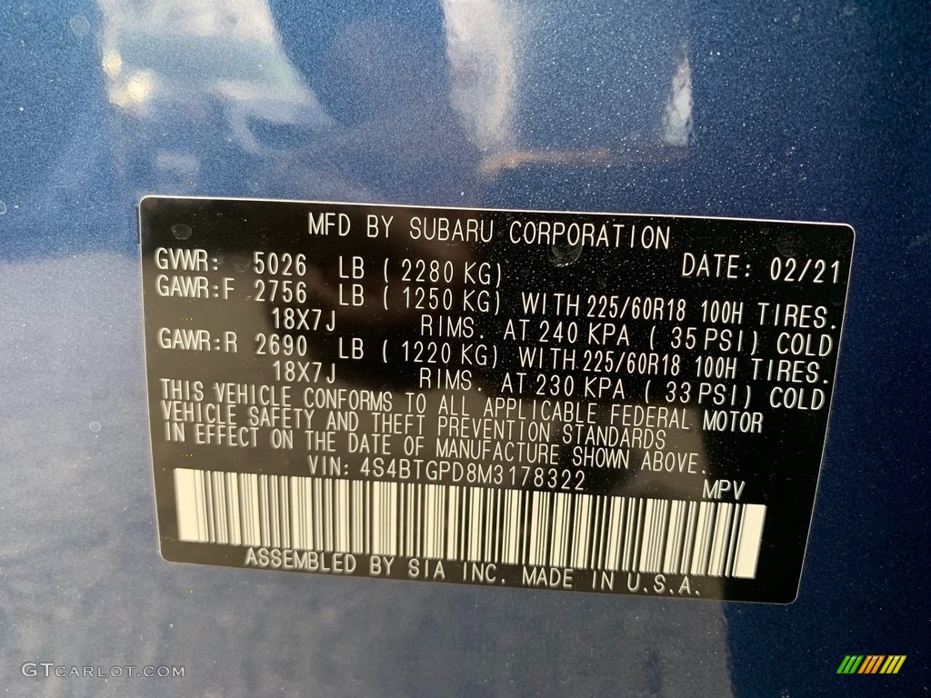 2021 Outback Touring XT - Abyss Blue Pearl / Java Brown photo #10