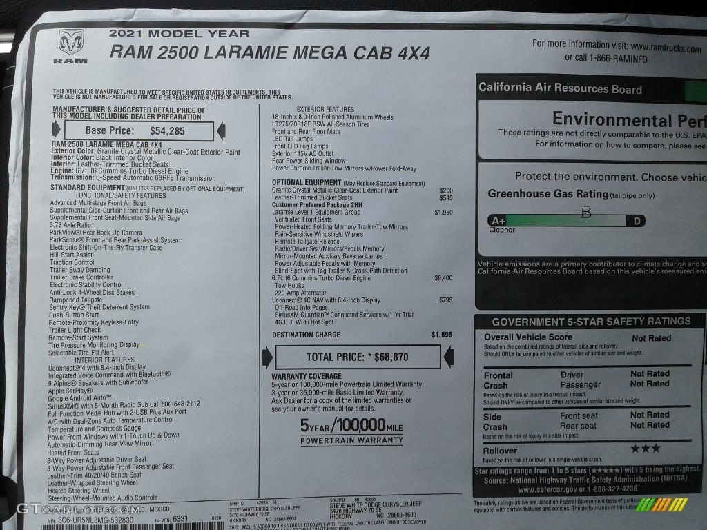 2021 Ram 2500 Laramie Mega Cab 4x4 Window Sticker Photo #141229480