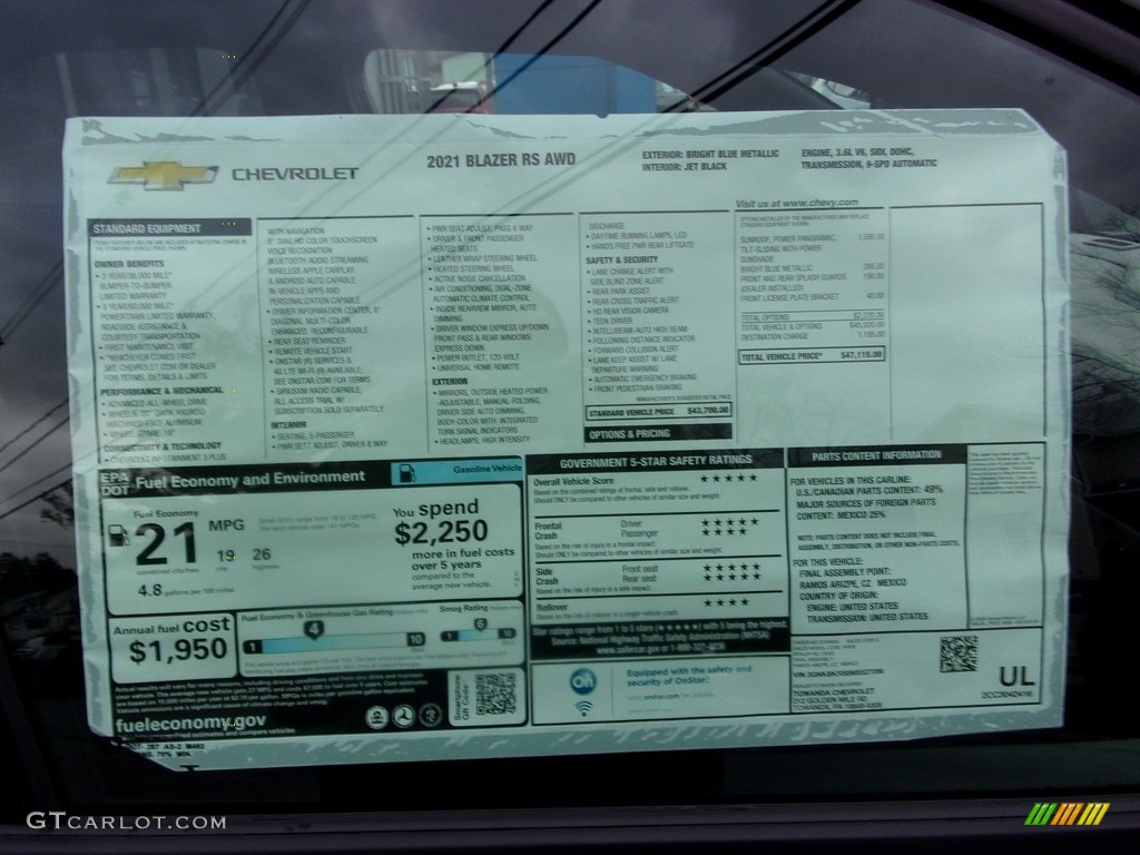 2021 Chevrolet Blazer RS AWD Window Sticker Photo #141242912