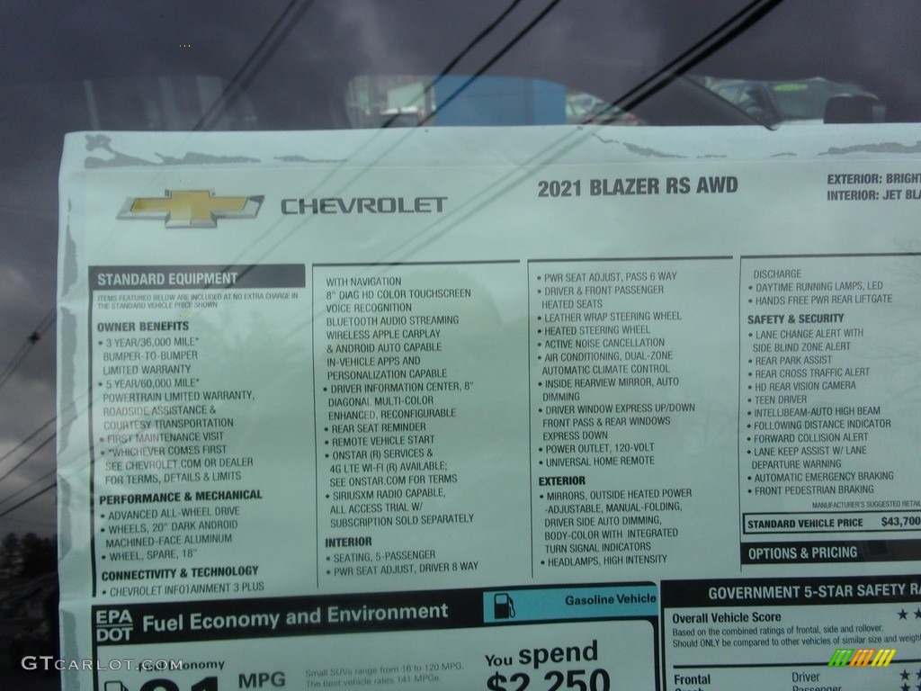 2021 Chevrolet Blazer RS AWD Window Sticker Photo #141242933