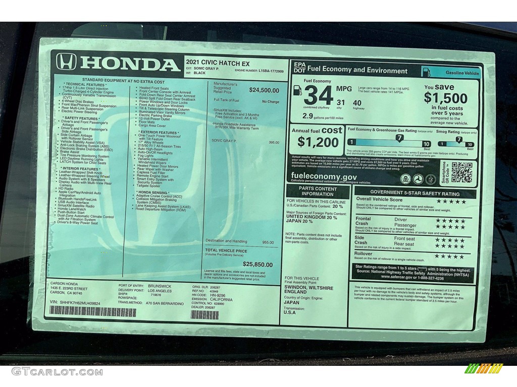 2021 Honda Civic EX Hatchback Window Sticker Photo #141253840