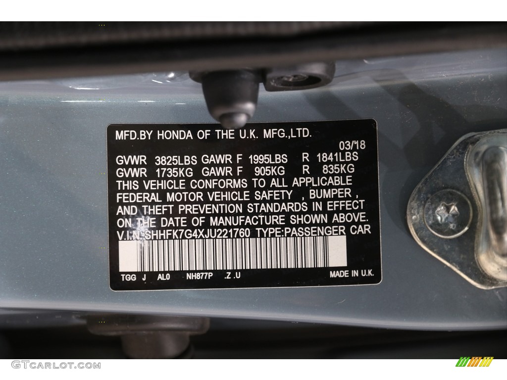 2018 Civic Color Code NH877P for Sonic Gray Metallic Photo #141268126