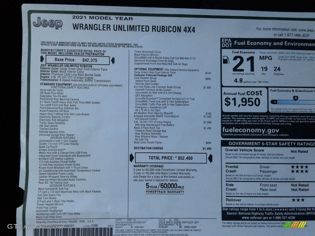 2021 Jeep Wrangler Unlimited Rubicon 4x4 Window Sticker Photo #141281532