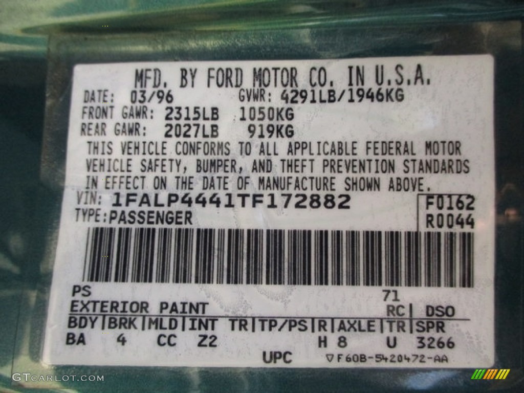 1996 Ford Mustang V6 Convertible Color Code Photos