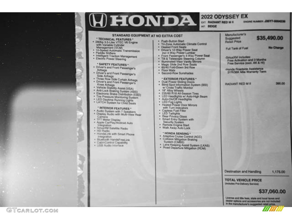 2022 Honda Odyssey EX Window Sticker Photo #141298487