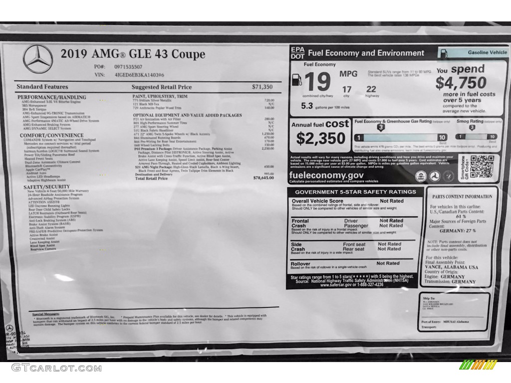 2019 Mercedes-Benz GLE 43 AMG 4Matic Coupe Window Sticker Photos