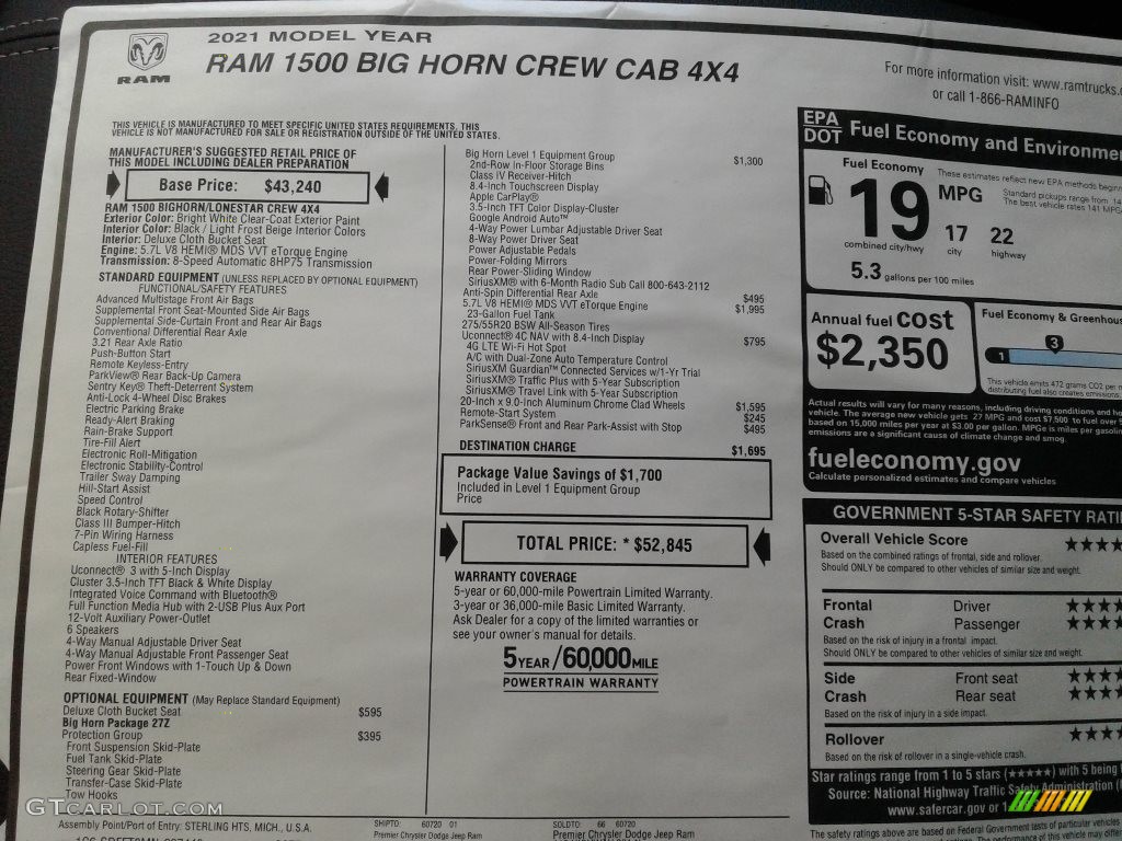 2021 1500 Big Horn Crew Cab 4x4 - Bright White / Light Frost Beige/Black photo #32