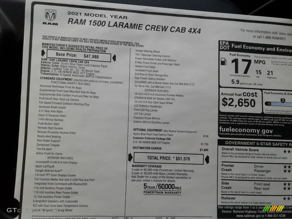 2021 1500 Laramie Crew Cab 4x4 - Hydro Blue Pearl / Black photo #30