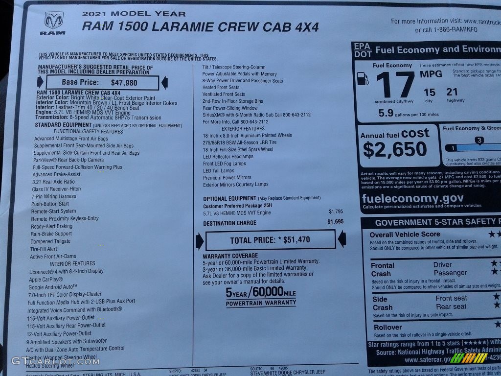 2021 1500 Laramie Crew Cab 4x4 - Bright White / Light Frost Beige/Mountain Brown photo #29