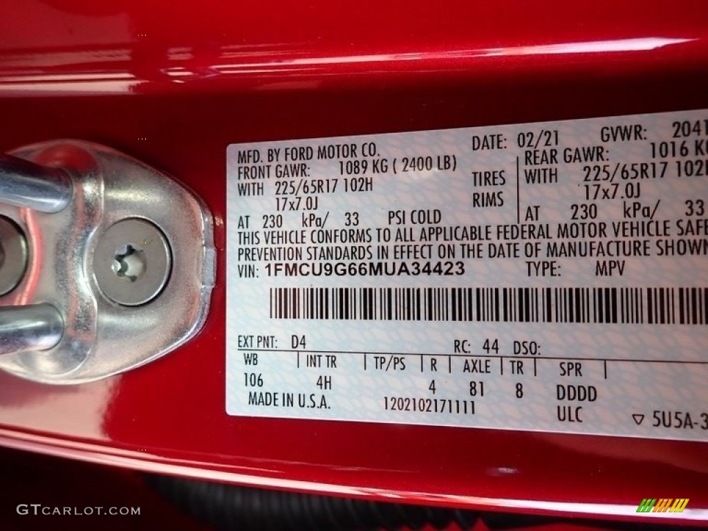 2021 Escape Color Code D4 for Rapid Red Metallic Photo #141338836