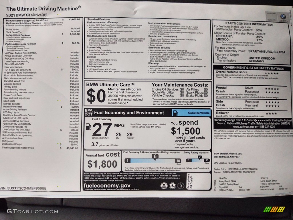 2021 BMW X3 sDrive30i Window Sticker Photo #141349257