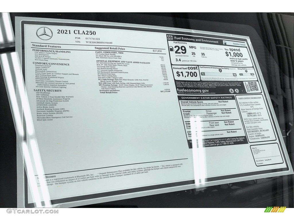 2021 Mercedes-Benz CLA 250 Coupe Window Sticker Photo #141358995