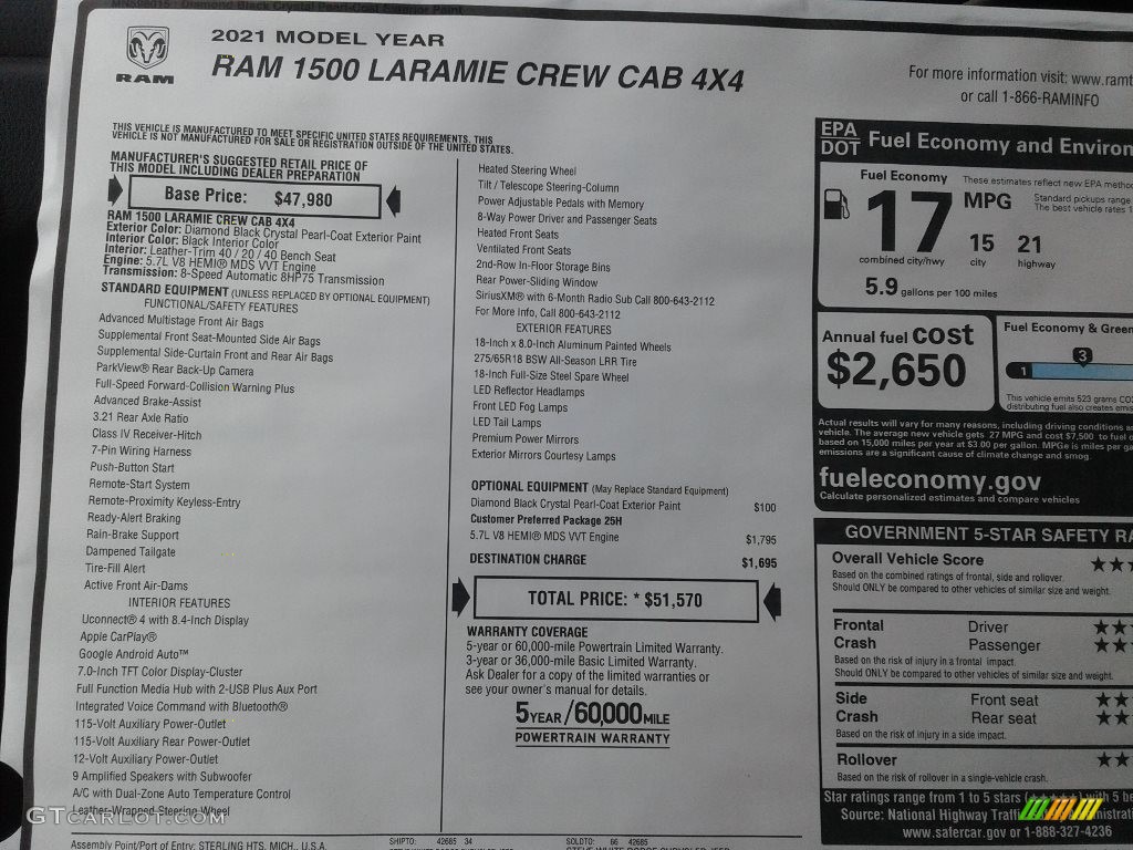 2021 Ram 1500 Laramie Crew Cab 4x4 Window Sticker Photo #141376628