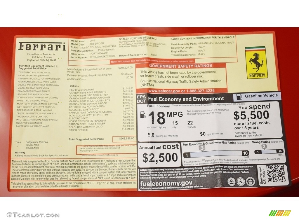 2019 Ferrari 488 Spider Window Sticker Photo #141388114