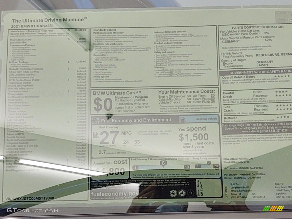 2021 BMW X1 sDrive28i Window Sticker Photos