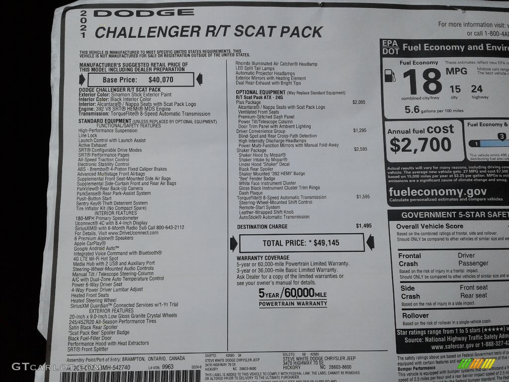 2021 Dodge Challenger R/T Scat Pack Shaker Window Sticker Photo #141397593