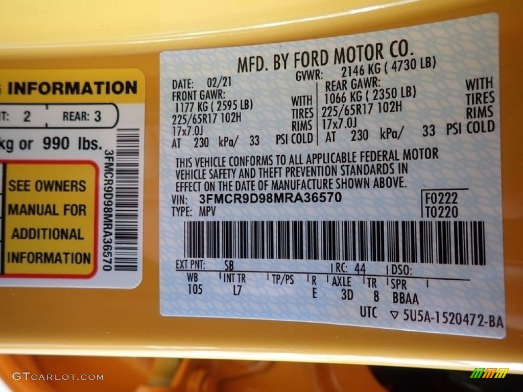 2021 Bronco Sport Color Code SB for Cyber Orange Metallic Tricoat Photo #141408926