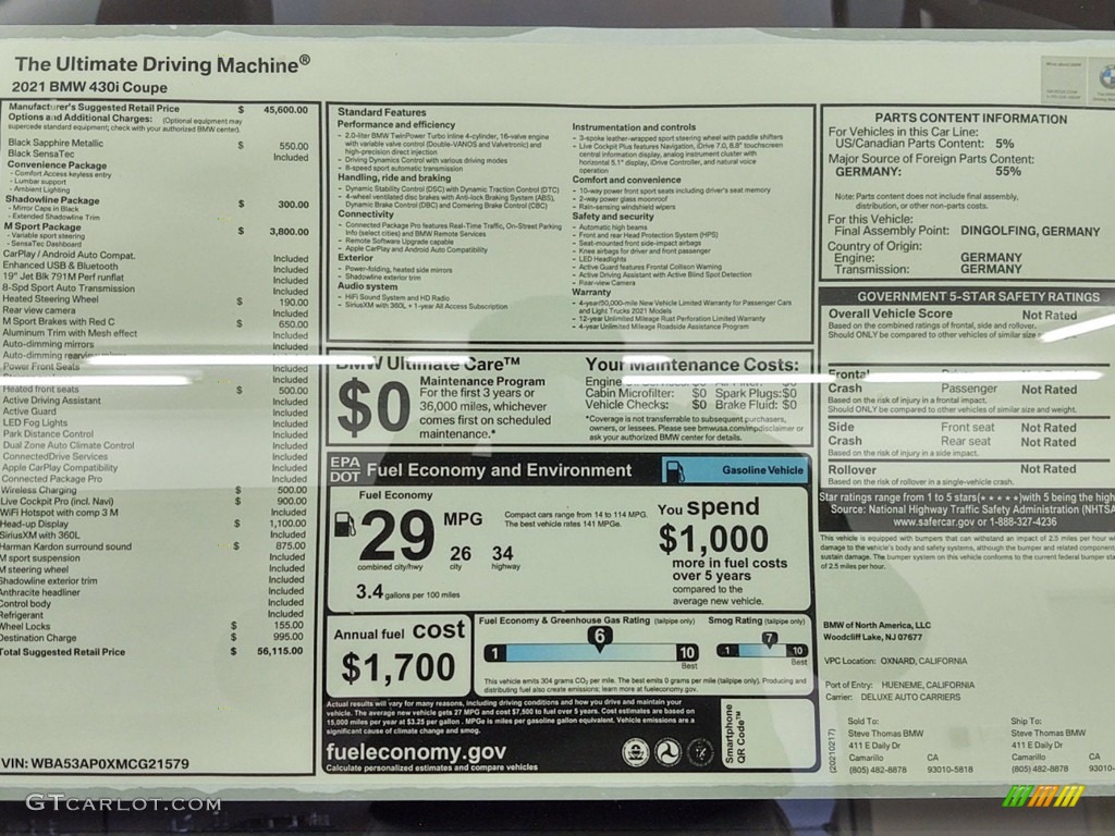 2021 BMW 4 Series 430i Coupe Window Sticker Photo #141417284