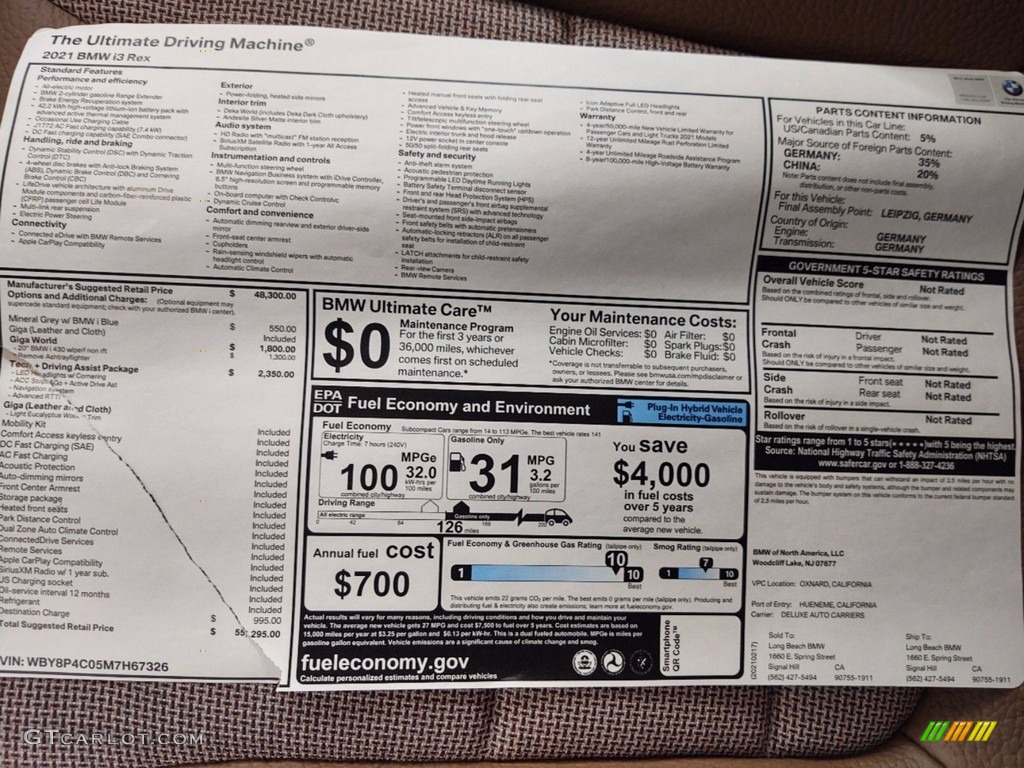2021 BMW i3 w/Range Extender Window Sticker Photo #141422732