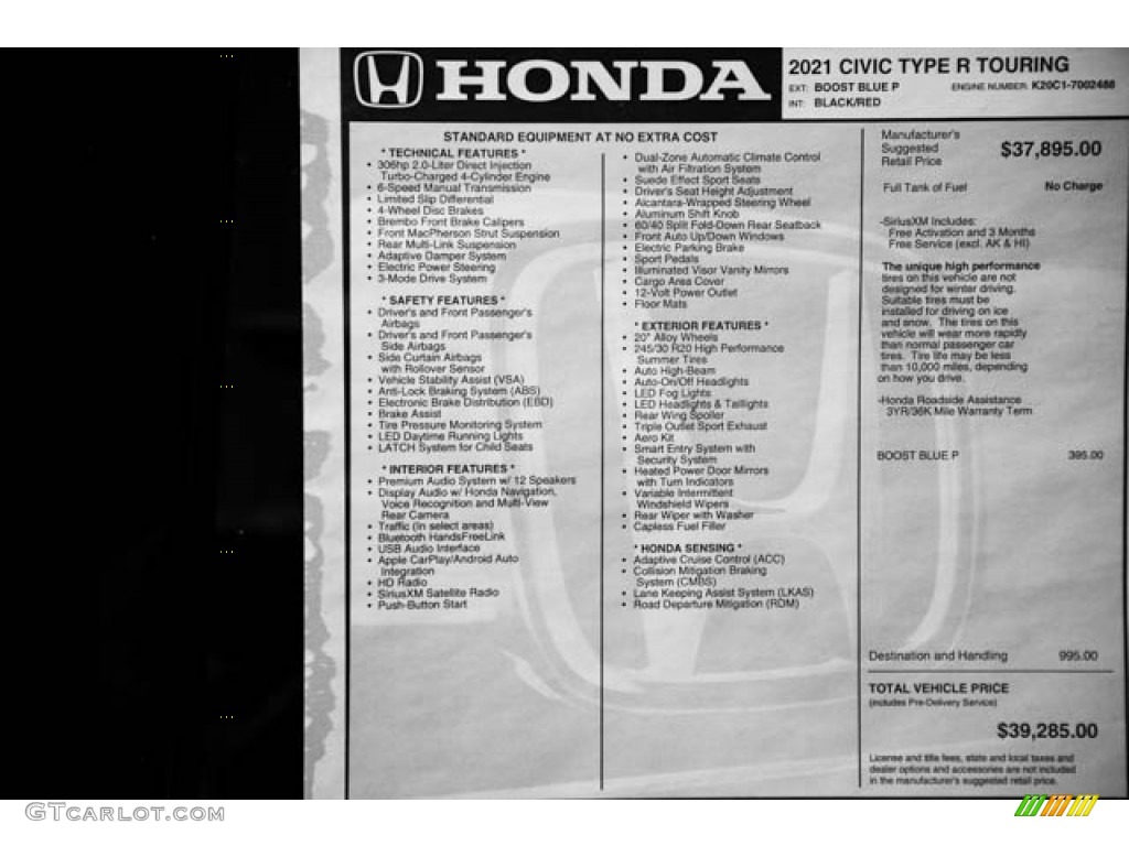 2021 Honda Civic Type R Window Sticker Photo #141431140