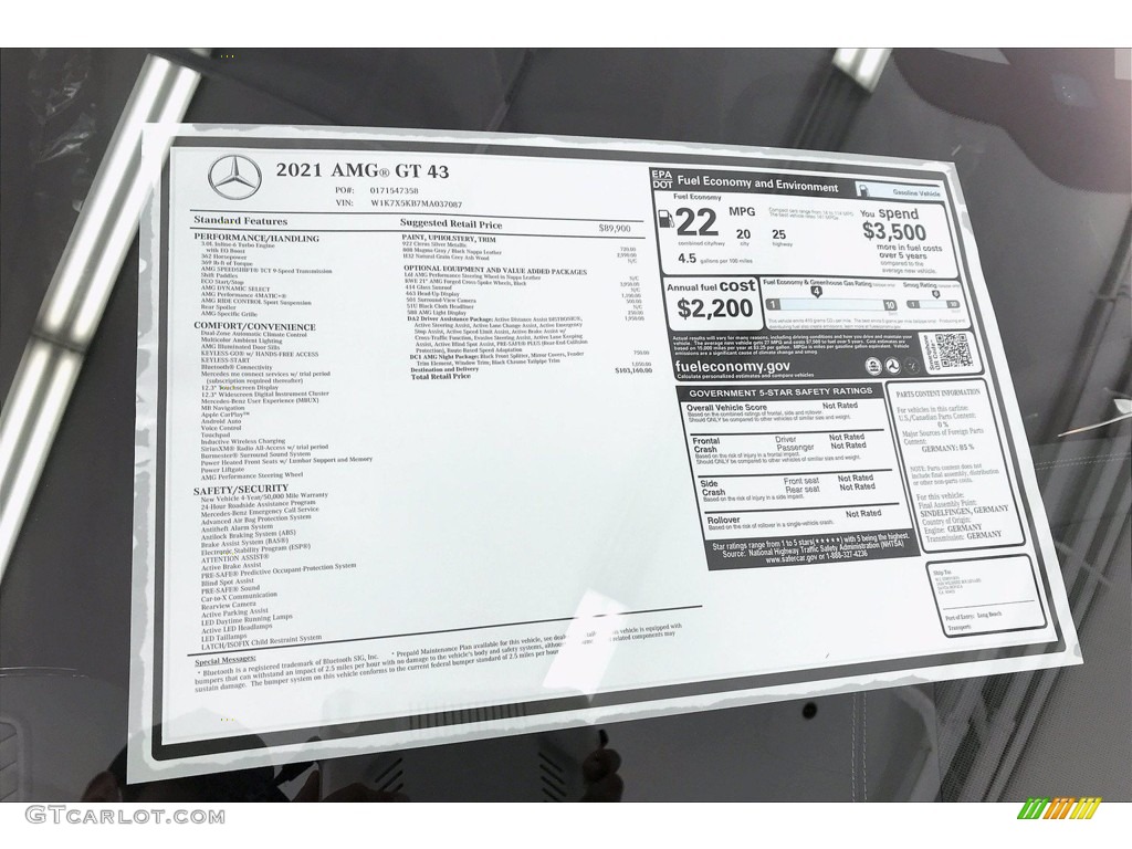 2021 Mercedes-Benz AMG GT 43 Window Sticker Photo #141432802