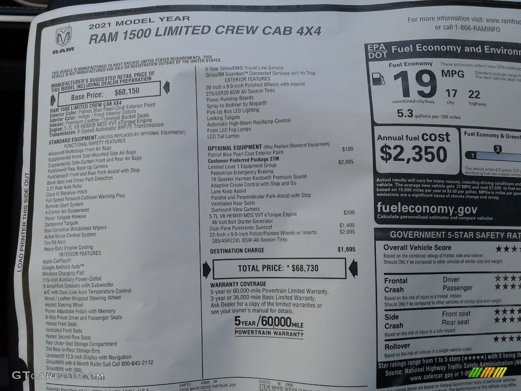 2021 Ram 1500 Limited Crew Cab 4x4 Window Sticker Photo #141433276