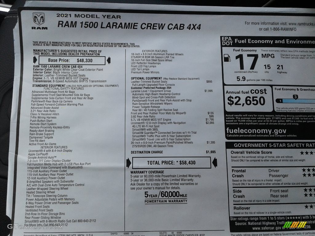 2021 1500 Laramie Crew Cab 4x4 - Bright White / Black photo #32