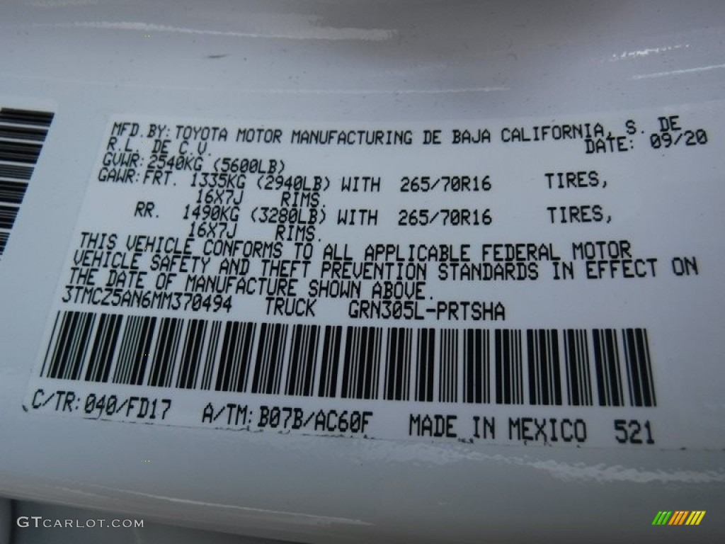 2021 Tacoma Color Code 040 for Super White Photo #141475191