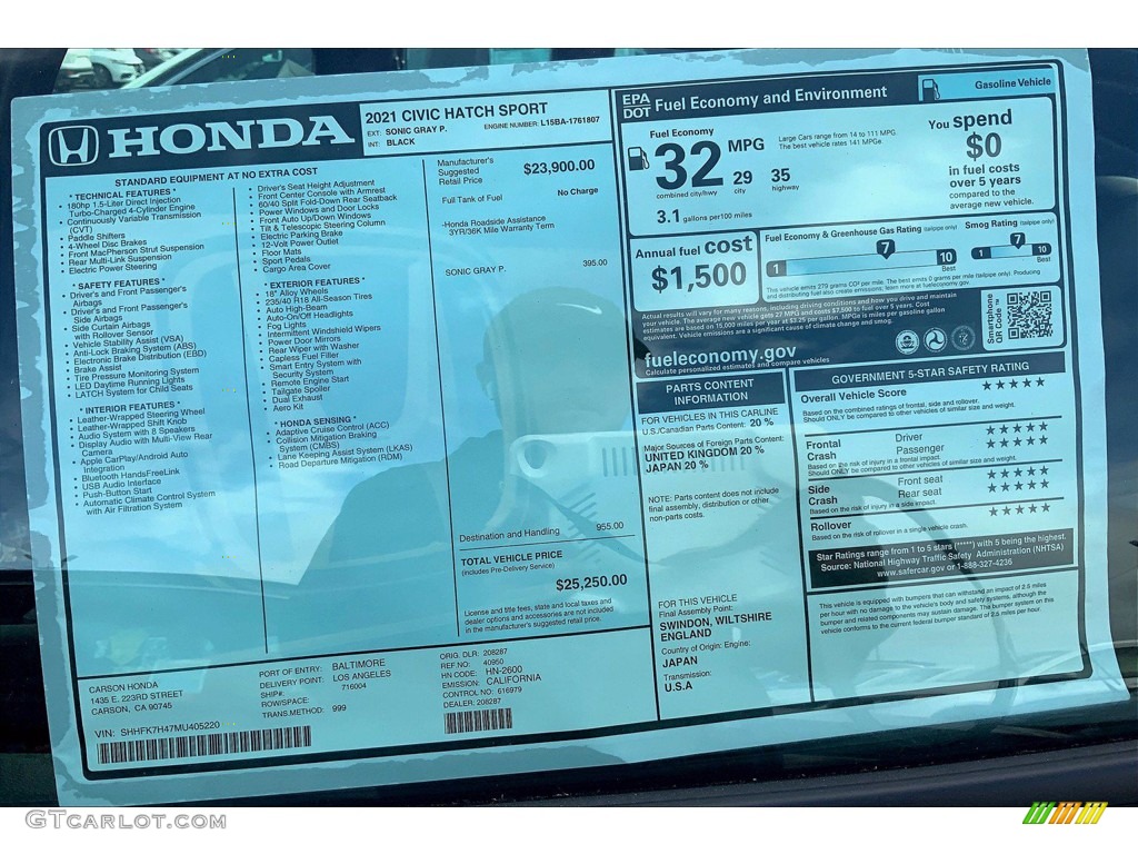 2021 Honda Civic Sport Hatchback Window Sticker Photo #141477110
