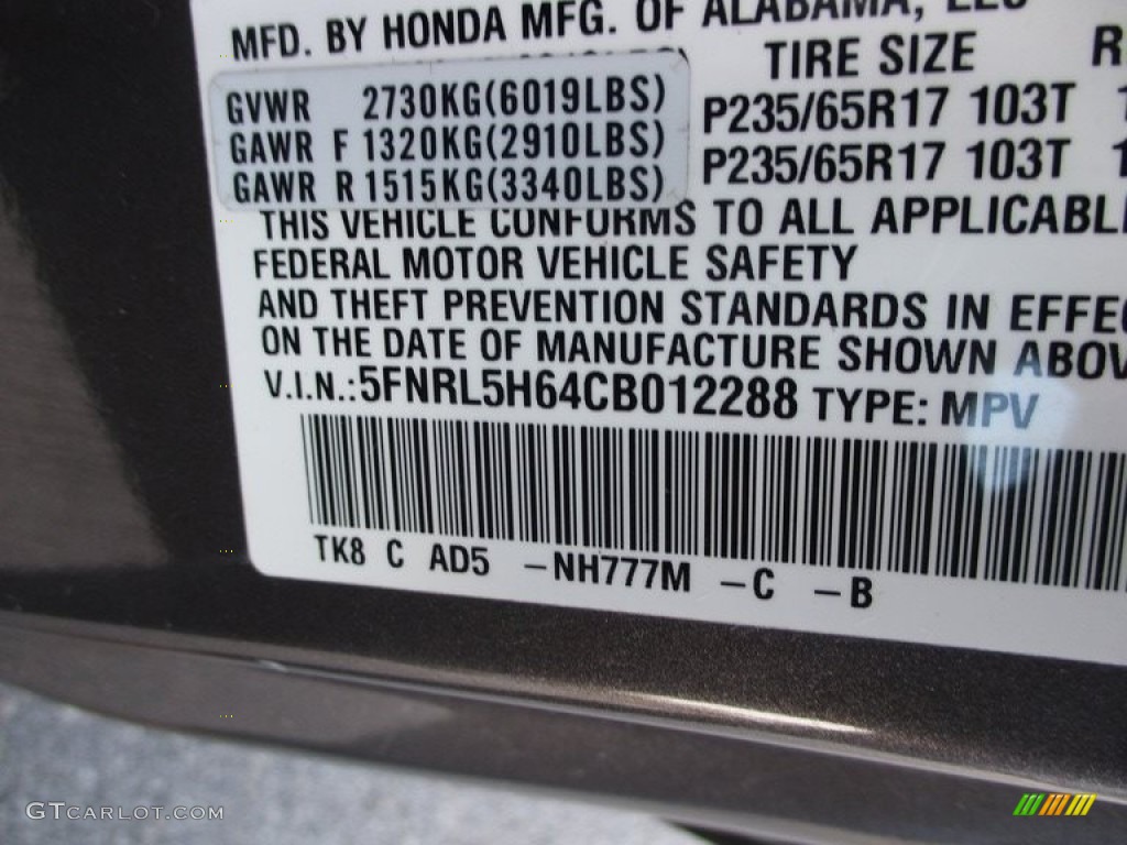 2012 Odyssey EX-L - Smoky Topaz Metallic / Gray photo #19