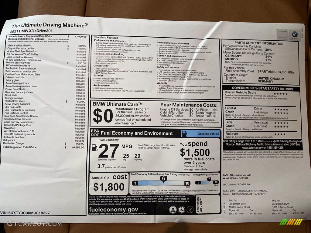 2021 BMW X3 sDrive30i Window Sticker Photos