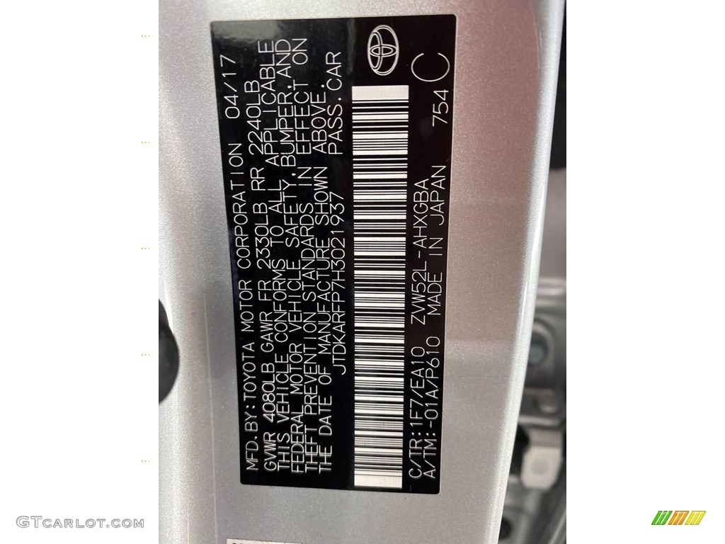 2017 Prius Prime Color Code 1F7 for Classic Silver Metallic Photo #141496885
