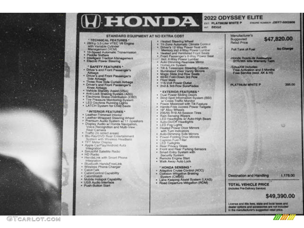 2022 Honda Odyssey Elite Window Sticker Photos