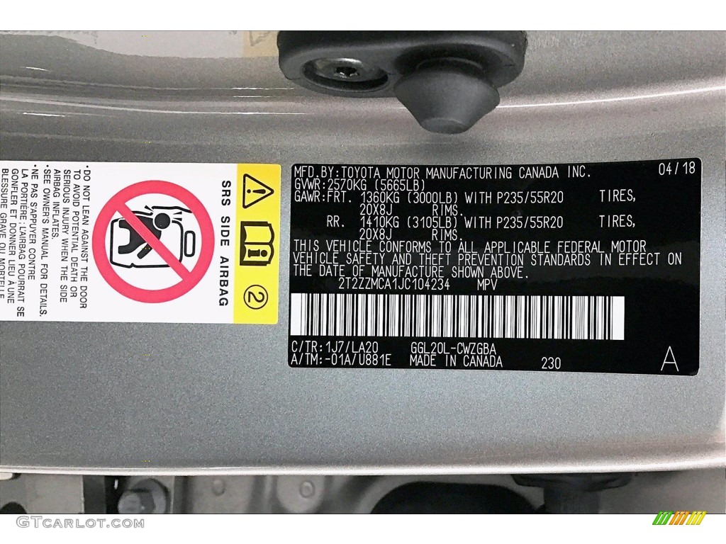 2018 RX Color Code 1J7 for Atomic Silver Photo #141509702