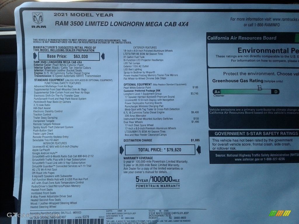 2021 Ram 3500 Limited Longhorn Mega Cab 4x4 Window Sticker Photo #141529793